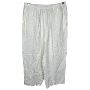 FLAX 100% Linen Wide Leg Elastic Waist High Waist Pull On White Pants Size Large